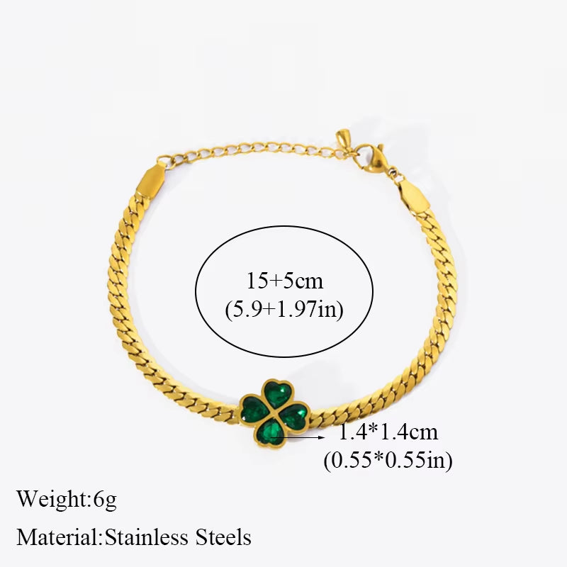 316L Stainless Steel Green Crystal Clover Bracelet Bangle for Women Fashion Wrist Chain Waterproof Jewelry Gift Bijoux