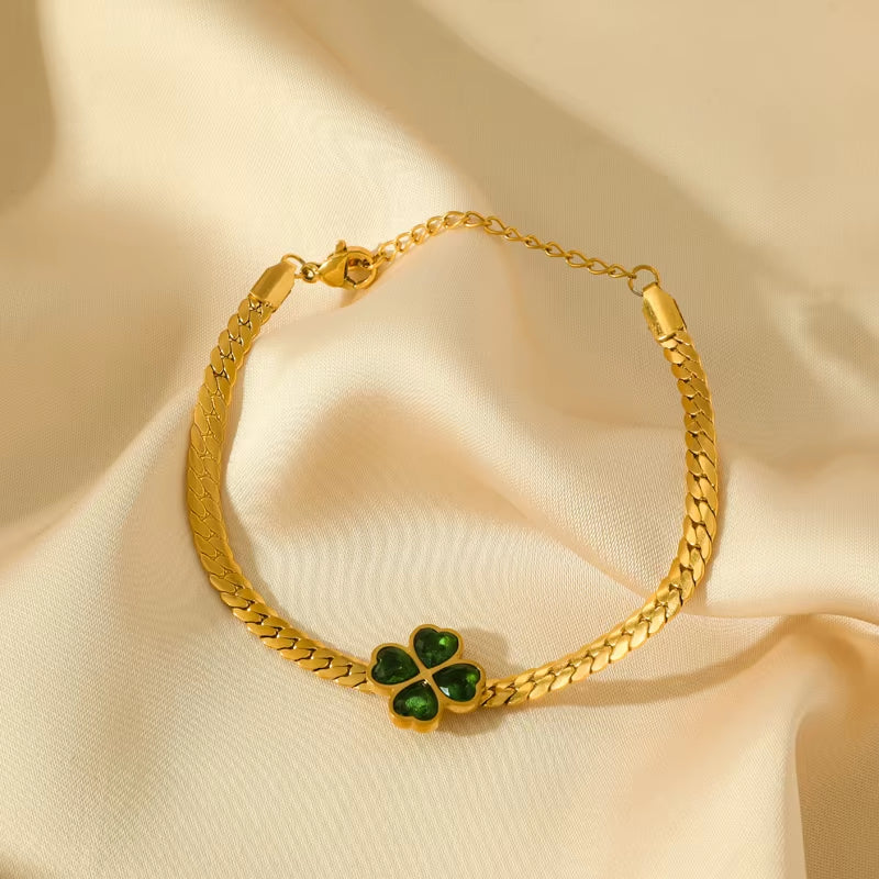 316L Stainless Steel Green Crystal Clover Bracelet Bangle for Women Fashion Wrist Chain Waterproof Jewelry Gift Bijoux