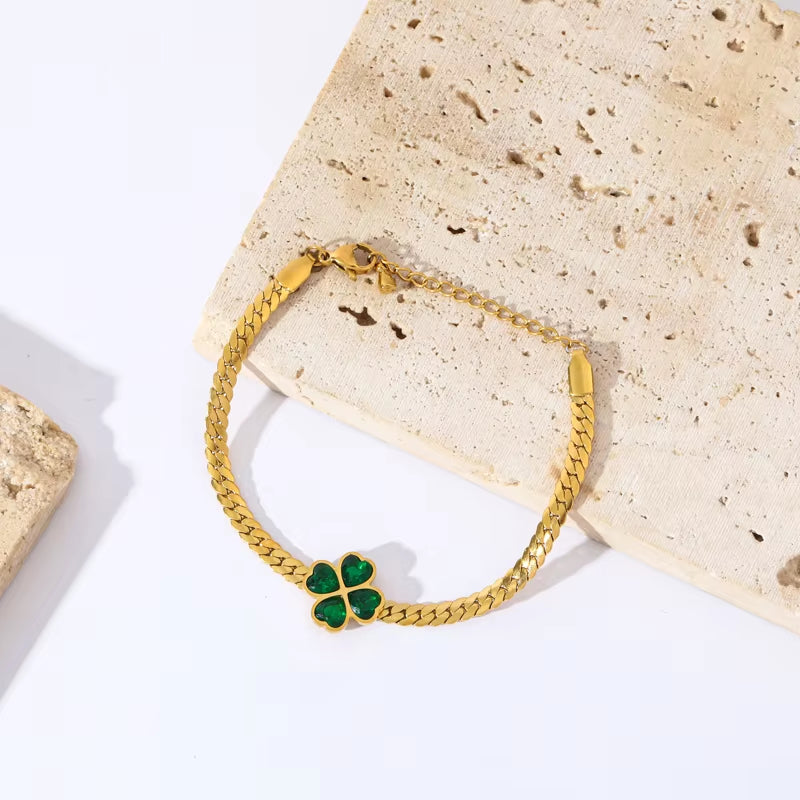 316L Stainless Steel Green Crystal Clover Bracelet Bangle for Women Fashion Wrist Chain Waterproof Jewelry Gift Bijoux