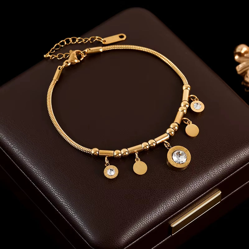 316L Stainless Steel Green Crystal Clover Bracelet Bangle for Women Fashion Wrist Chain Waterproof Jewelry Gift Bijoux