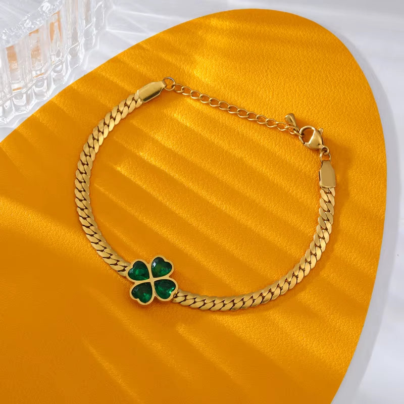 316L Stainless Steel Green Crystal Clover Bracelet Bangle for Women Fashion Wrist Chain Waterproof Jewelry Gift Bijoux