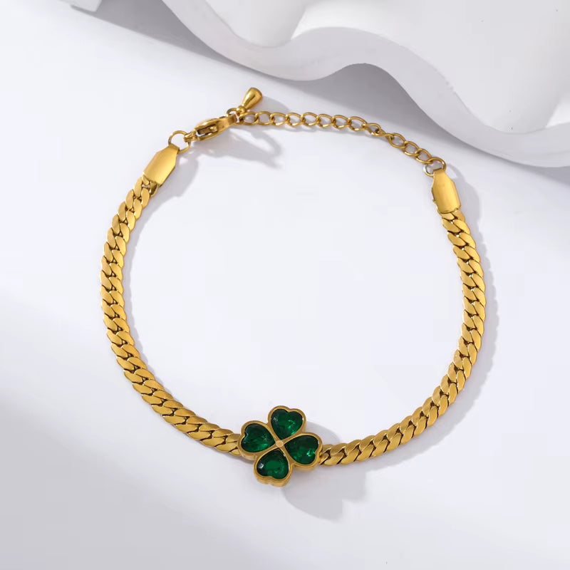 316L Stainless Steel Green Crystal Clover Bracelet Bangle for Women Fashion Wrist Chain Waterproof Jewelry Gift Bijoux