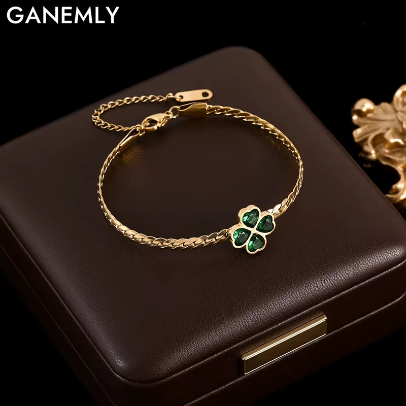 316L Stainless Steel Green Crystal Clover Bracelet Bangle for Women Fashion Wrist Chain Waterproof Jewelry Gift Bijoux