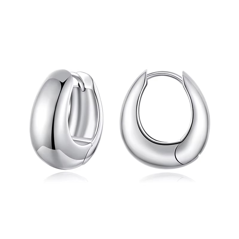 White Gold Plated 925 Sterling Silver Post Glossy Hoop Earrings, High Polished Trendy Fashion Jewelry for Women Bijoux