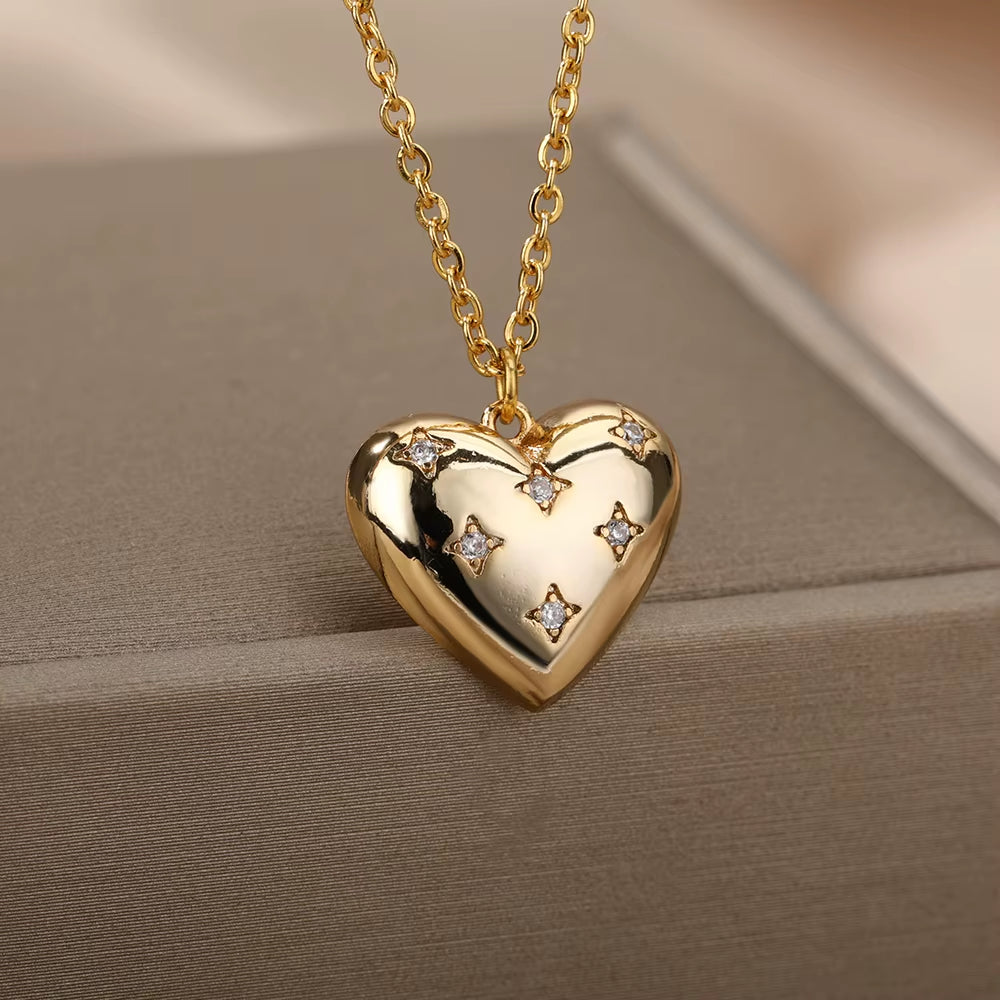 Zircon Four Pointed Star Necklace for Women Men Gold Color Heart Pendant Necklace Romantic Jewelry Collier Bijoux Femme