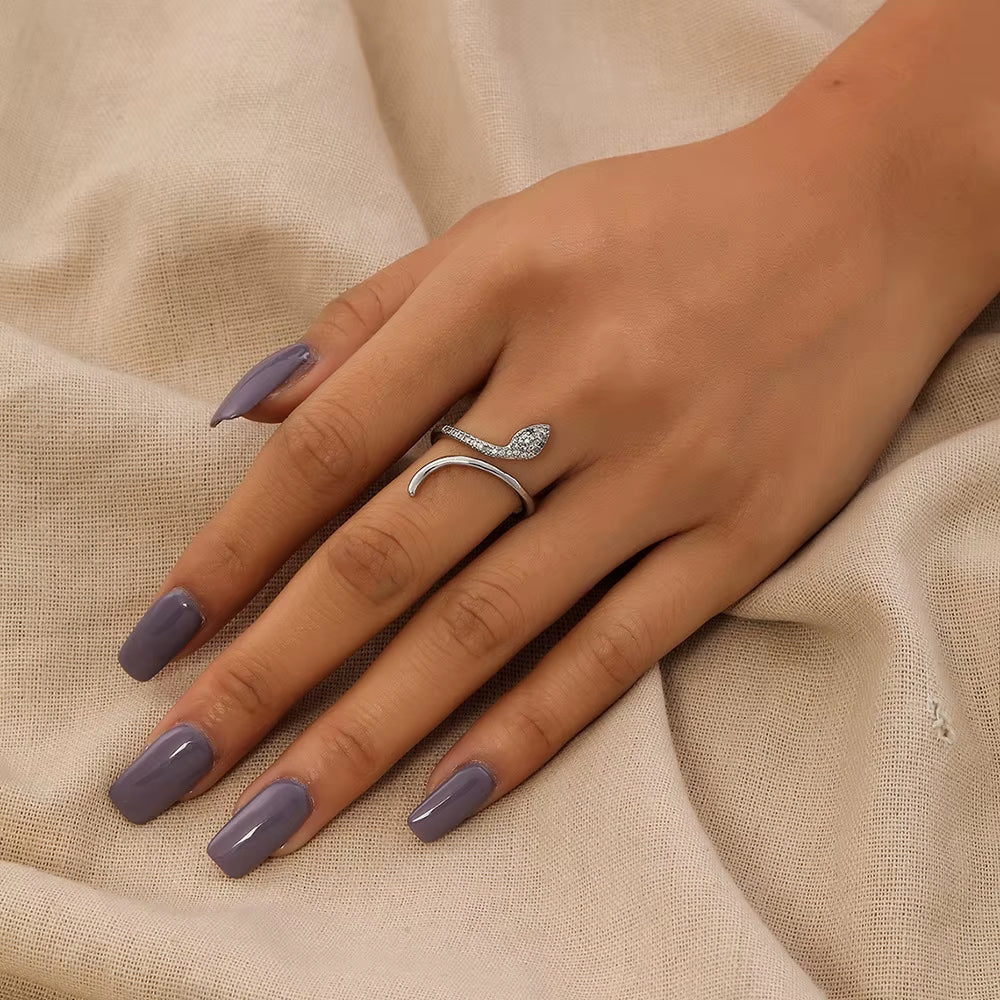 Fashion Sliver Color Cubic Zirconia Snake Ring for Women Open Adjustable CZ Finger Rings Party Wedding Statement Jewelry Bijoux